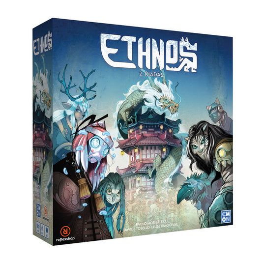 Az Ethnos – 2. kiadás társasjáték doboza, misztikus fantasy témájú illusztrációval, sárkánnyal, hősi karakterekkel és templommal.