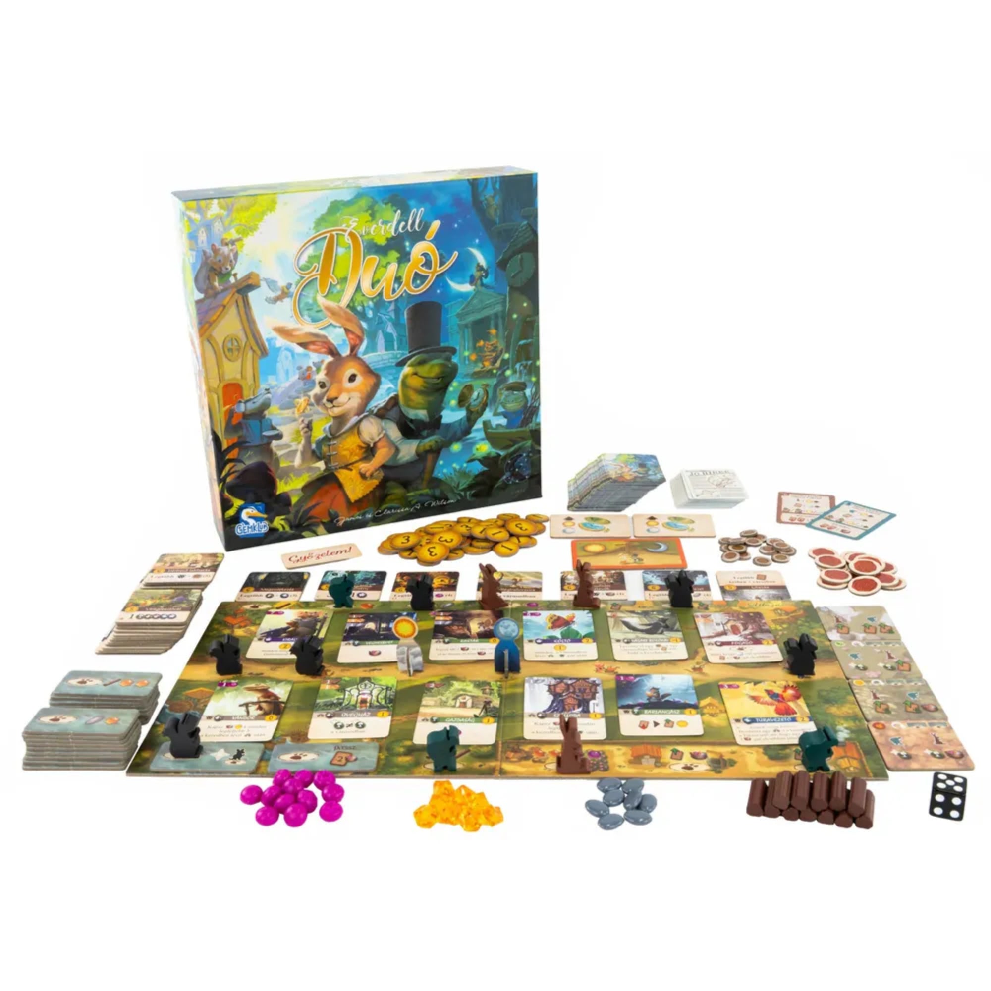 Everdell Duó társasjáték – A doboz és a teljes játékkészlet kiterítve, játéktábla, kártyák, figurák és jelölők fehér háttéren.