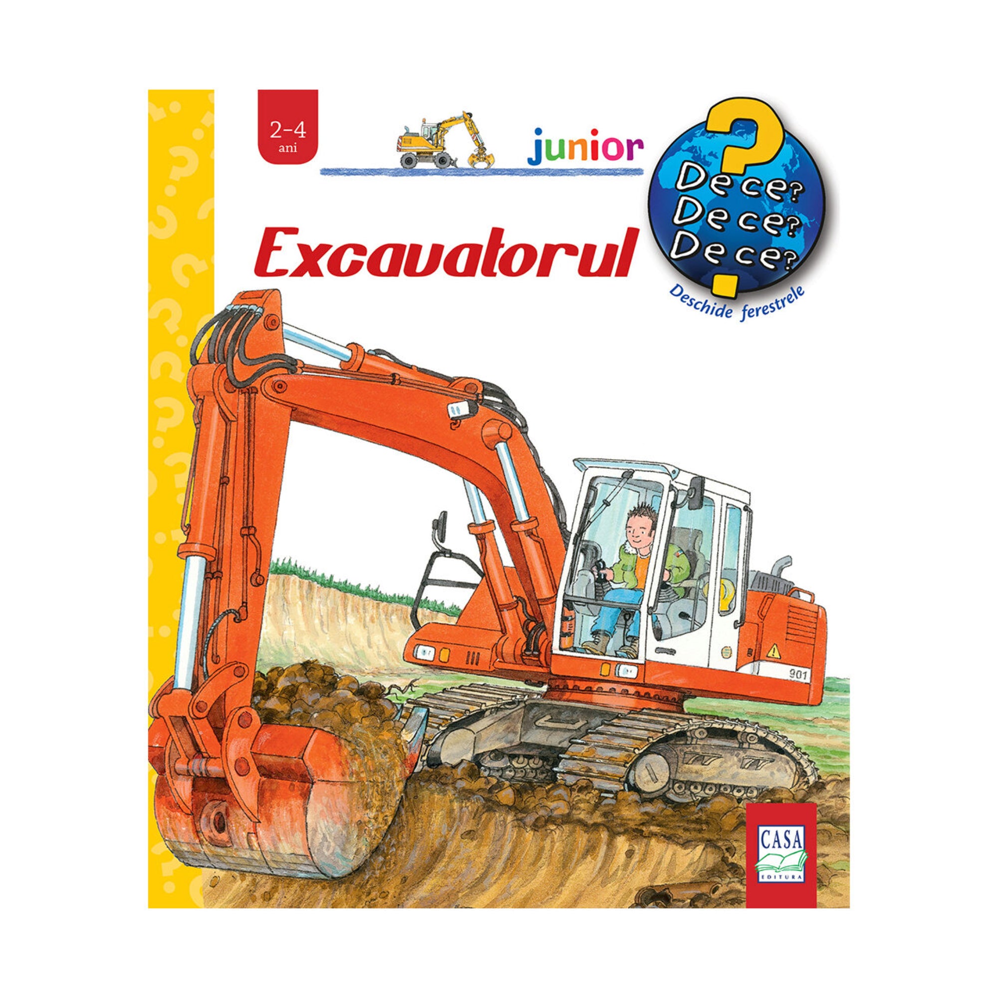 Excavatorul – gyerekkönyv borító, amelyen egy narancssárga lánctalpas markológép dolgozik a földben, vezetőfülkében sofőrrel.”