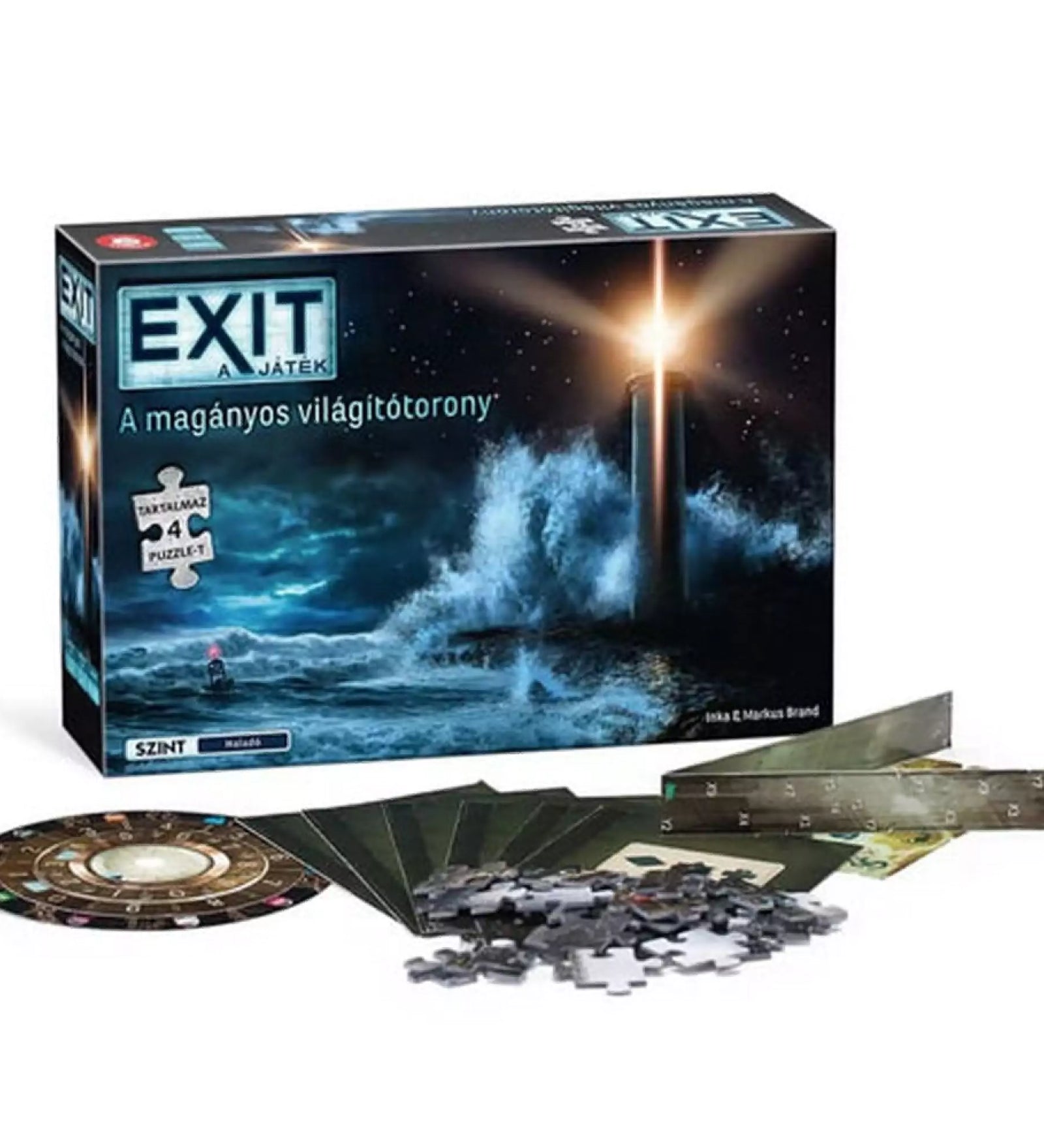Az „EXIT – A magányos világítótorony” társasjáték doboza, viharos tengeri világítótorony-illusztrációval, a doboz előtt kirakott játékelemekkel: dekódtárcsa, kártyák, vonalzó, puzzle-darabok.