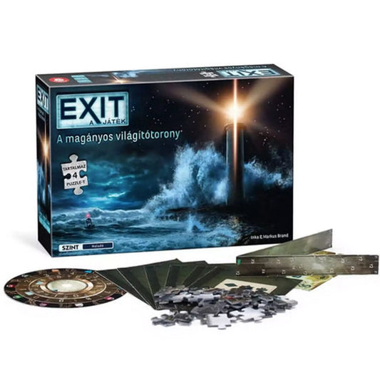 Az „EXIT – A magányos világítótorony” társasjáték doboza, viharos tengeri világítótorony-illusztrációval, a doboz előtt kirakott játékelemekkel: dekódtárcsa, kártyák, vonalzó, puzzle-darabok.