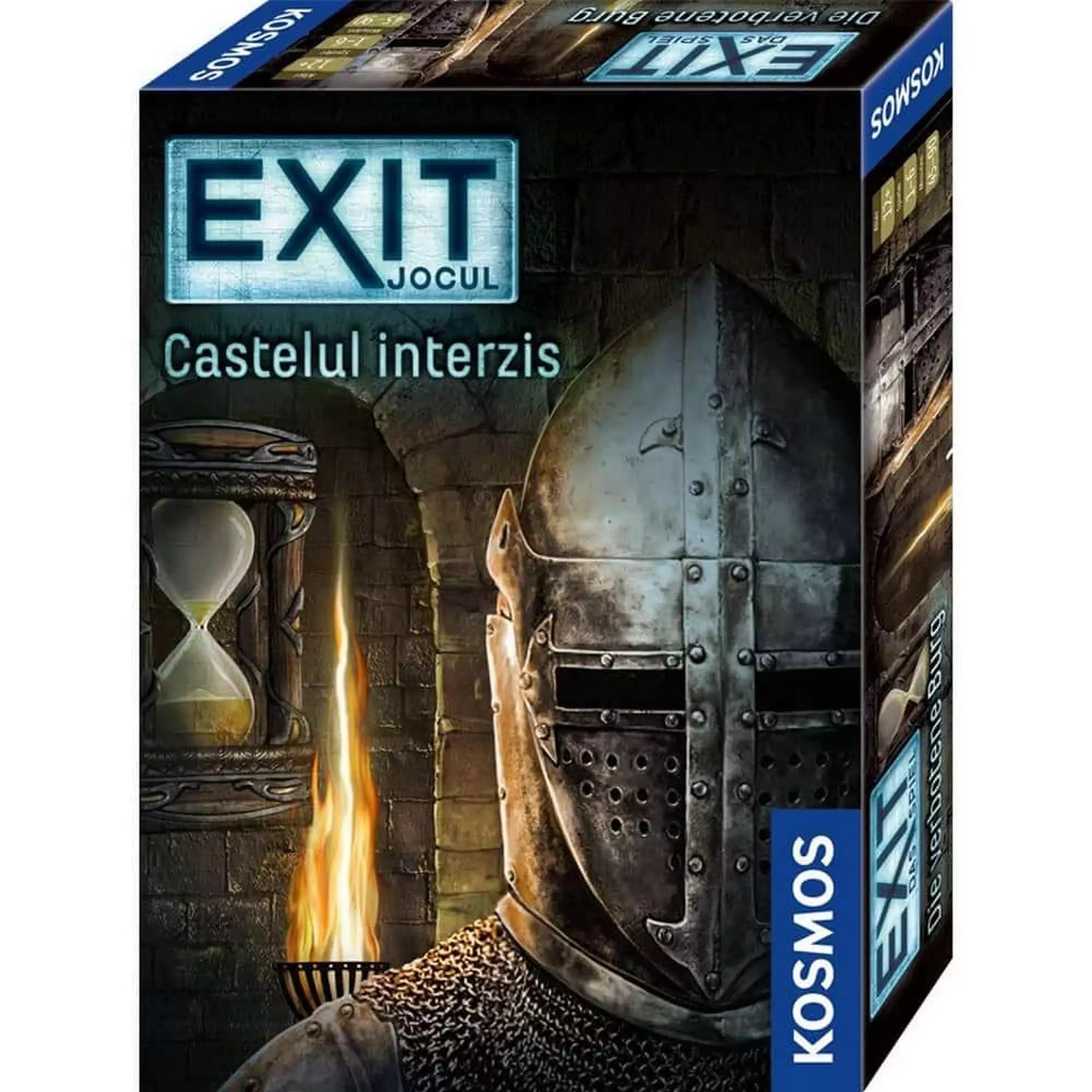 Az „EXIT – Castelul interzis” társasjáték román nyelvű doboza, sötét középkori hangulattal, páncélos lovaggal, fáklyával és homokórával egy kőfalas kastélybelsőben.