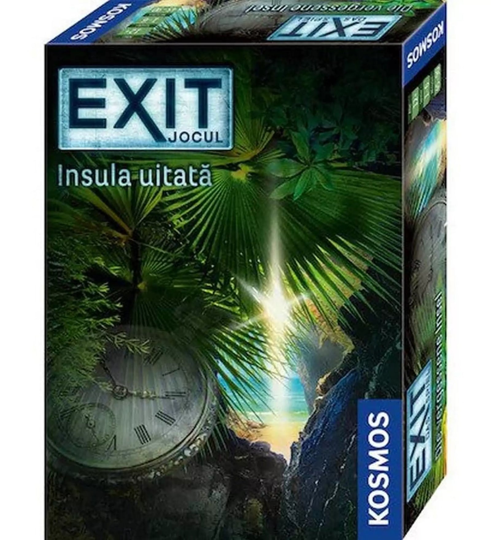 Az „EXIT – Insula uitată” társasjáték román nyelvű doboza, trópusi dzsungel hangulatú borítóval, pálmalevelekkel, fénysugárral és egy mohalepte zsebórával.