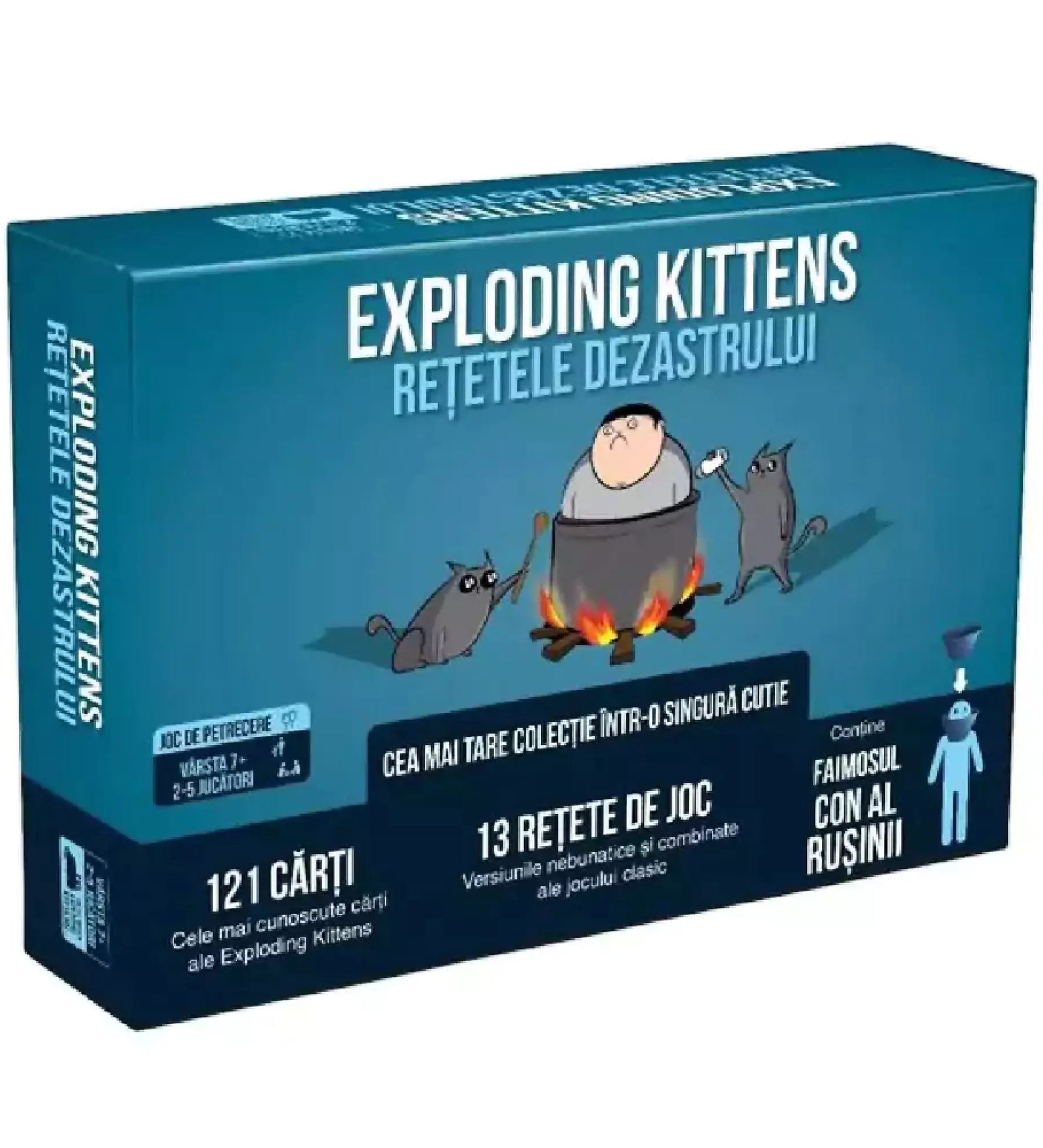 Az "Exploding Kittens: Rețetele Dezastrului" társasjáték dobozának eleje, amely humoros illusztrációt és a játék fő jellemzőit tartalmazza.
