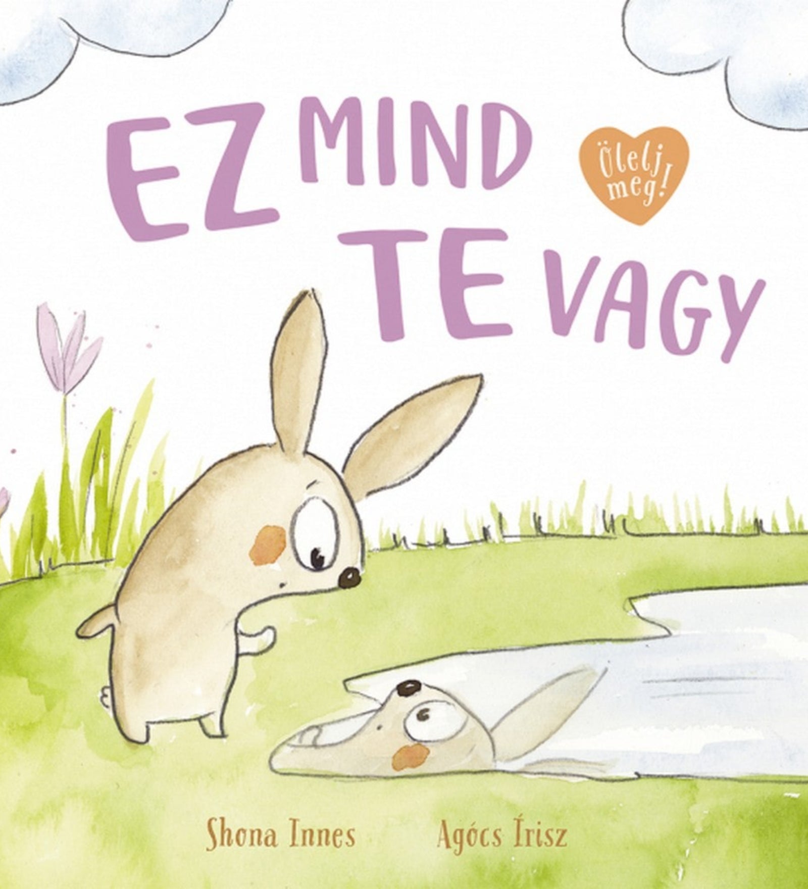 Ez mind te vagy gyerekkönyv borító, kedves nyuszi illusztrációval, ahol egy kis nyúl a vízben tükröződő képét nézi.