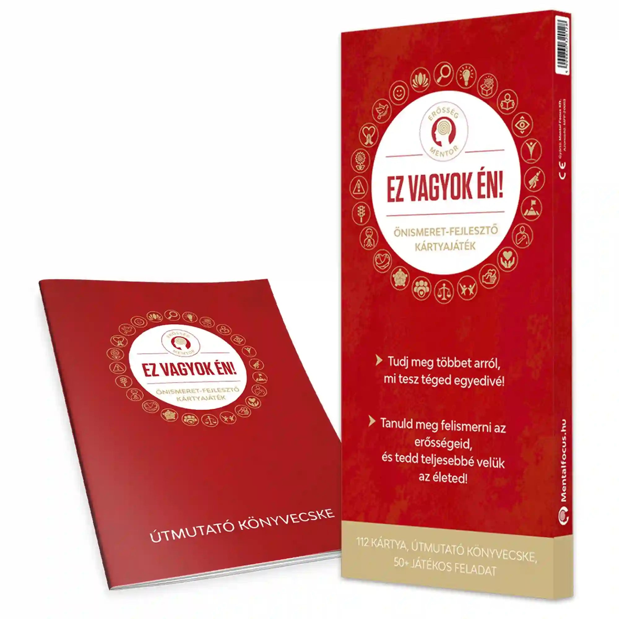 Ez vagyok én! – önismeret-fejlesztő kártyajáték doboz és útmutató: Piros doboz és hozzá tartozó útmutató füzet az „Ez vagyok én!” önismereti kártyajátékhoz, 112 kártyával és játékos feladatokkal.