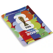 Panini FIFA World Cup 2026 gyűjtőalbum fölül nézetből, színes geometrikus mintával és FIFA világbajnoki trófeával a borítón.