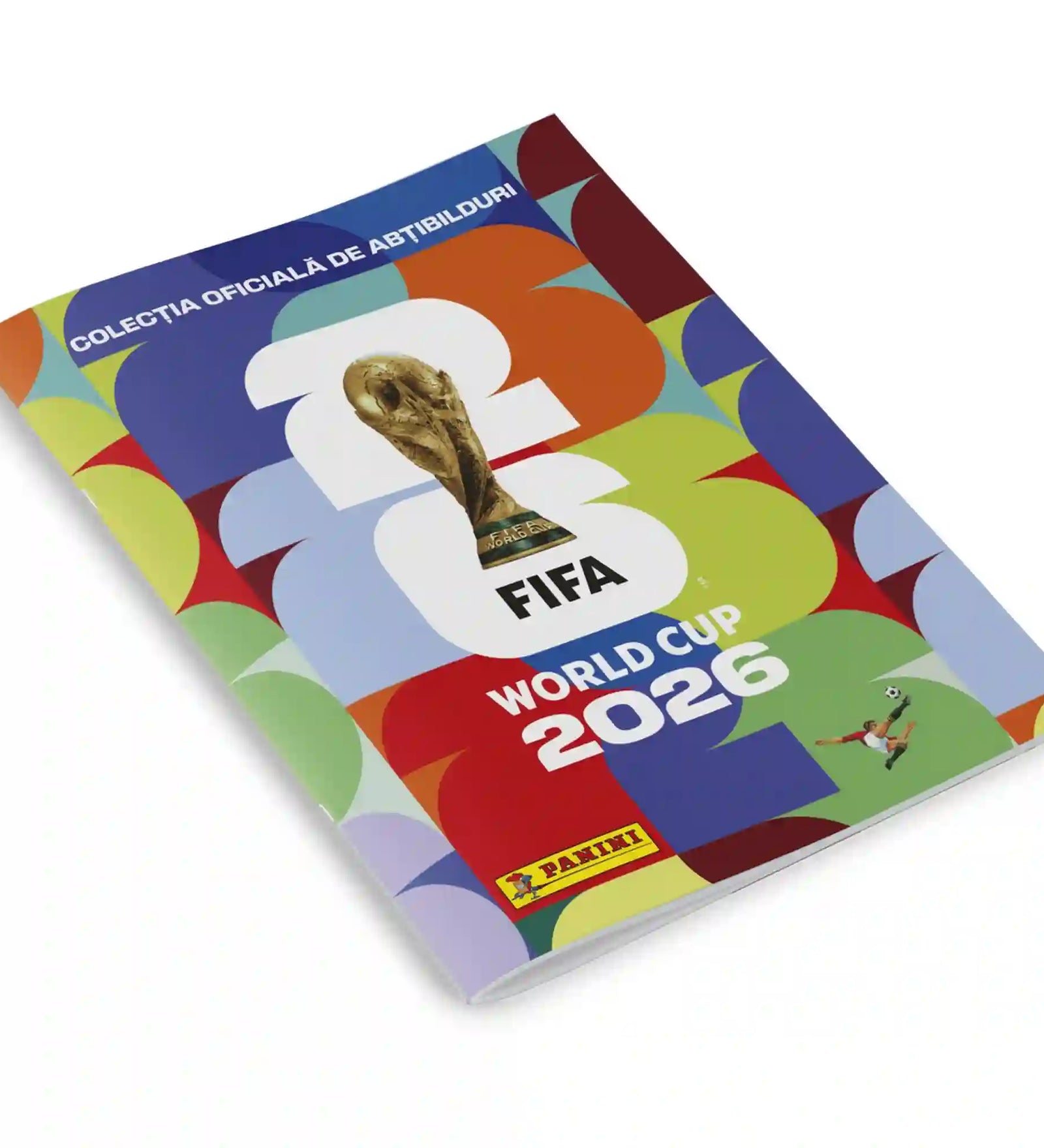 Panini FIFA World Cup 2026 gyűjtőalbum fölül nézetből, színes geometrikus mintával és FIFA világbajnoki trófeával a borítón.