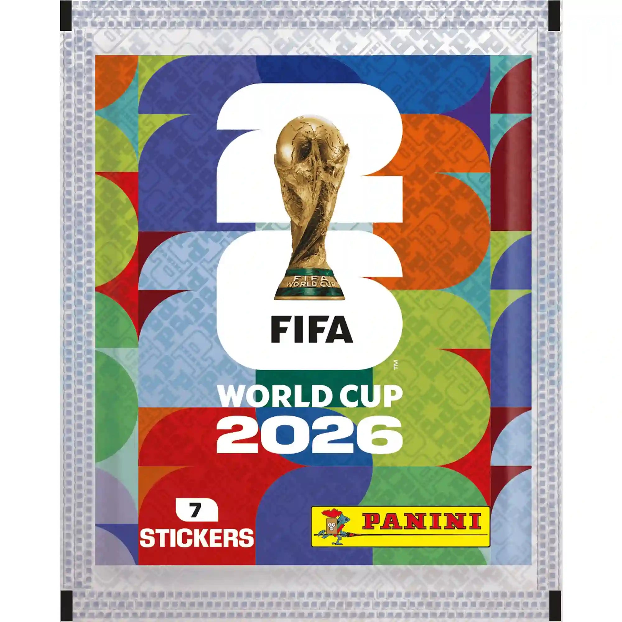 Panini FIFA World Cup 2026 7 stickeres csomag színes dizájnnal, FIFA világbajnoki trófeával és hivatalos Panini logóval a gyűjtőmatricák csomagolásán.