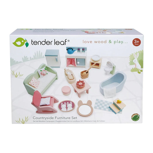 A Tender Leaf Countryside Furniture Set csomagolása, amely a fa bababútorokat mutatja be: konyha, fürdő és nappali elemek, aranyos nyuszis motívumokkal.