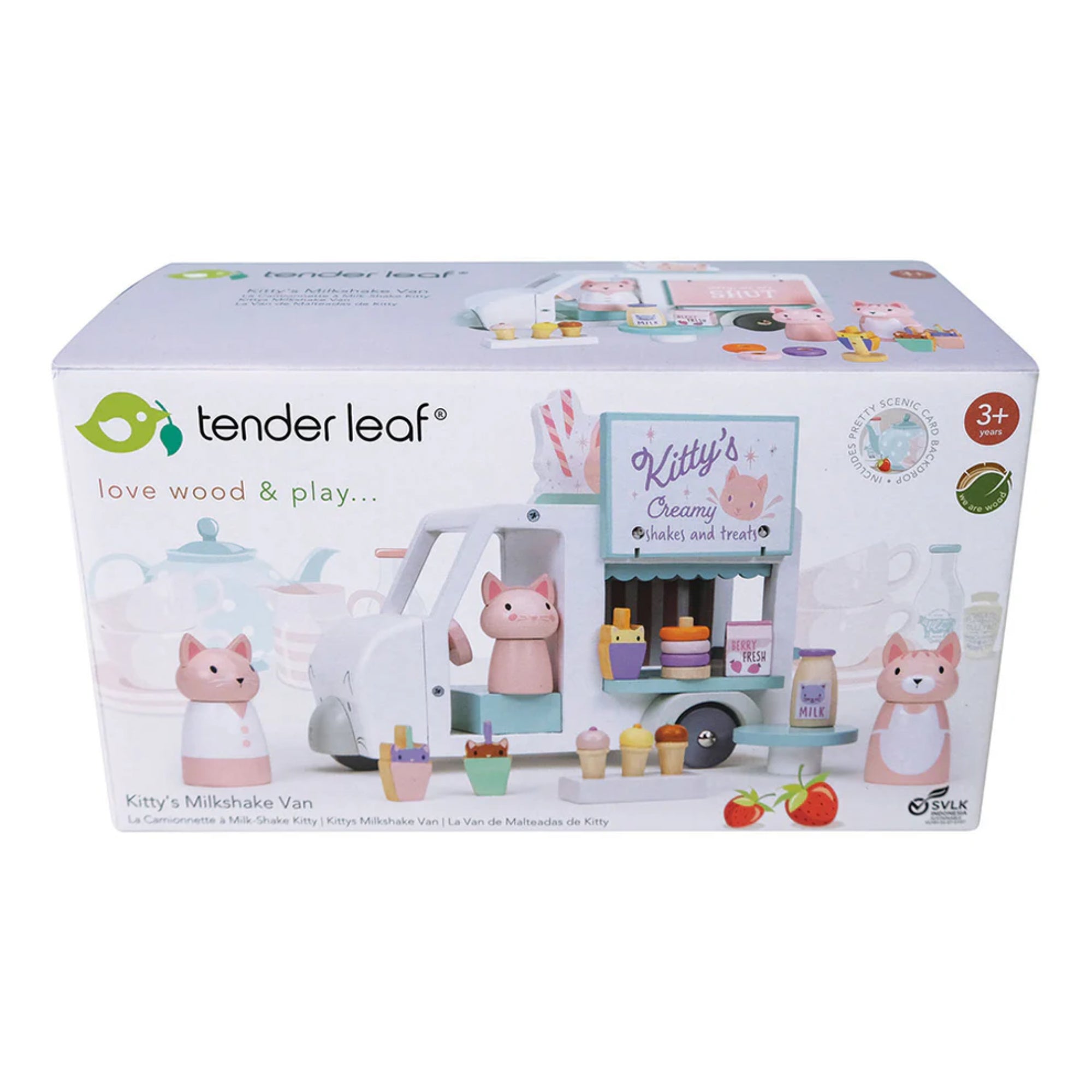 A Tender Leaf Kitty’s Milkshake Van doboza, amely bemutatja a kedves macskafigurás tejbár kisautót és a hozzá tartozó fagylaltos kiegészítőket.