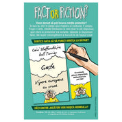 A Fact or Fiction játék szabályismertetője román nyelven, rajzolt példával, amely bemutatja, hogyan kell három válaszból kettő megtévesztőt írni és a játékosok elé tárni.