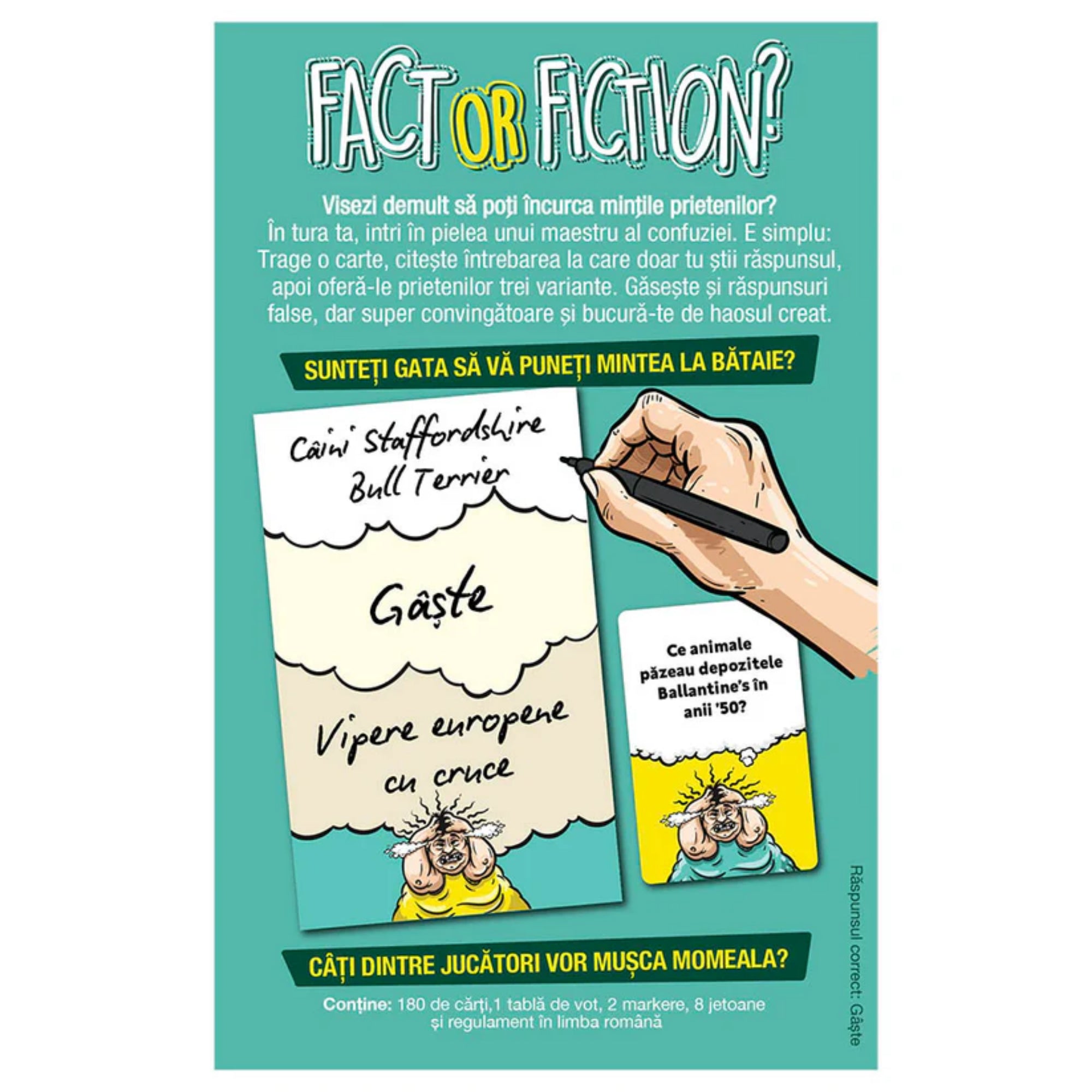 A Fact or Fiction játék szabályismertetője román nyelven, rajzolt példával, amely bemutatja, hogyan kell három válaszból kettő megtévesztőt írni és a játékosok elé tárni.