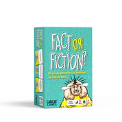 A Fact or Fiction társasjáték türkizkék színű doboza, rajta humoros grafikával és a játék nevével, alatta román nyelvű leírás, amely szerint a játékban a hazugságokat tálcán kínálják.