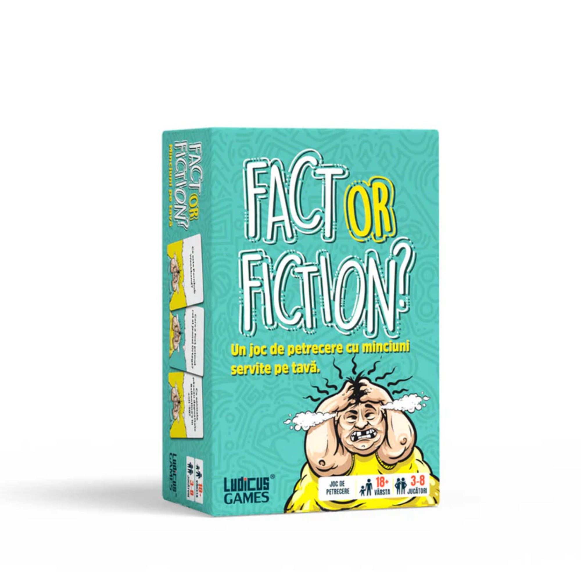 A Fact or Fiction társasjáték türkizkék színű doboza, rajta humoros grafikával és a játék nevével, alatta román nyelvű leírás, amely szerint a játékban a hazugságokat tálcán kínálják.