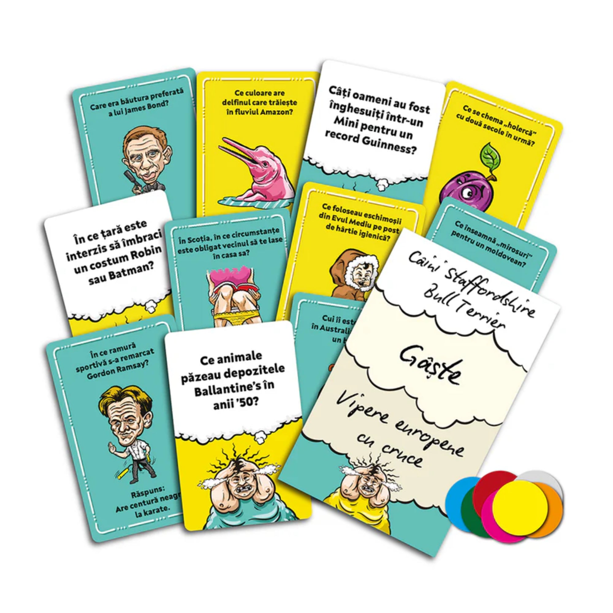 A Fact or Fiction társasjáték színes kártyái, rajtuk vicces, érdekes és szokatlan kérdések, különböző illusztrációkkal és színes jelölőkkel.