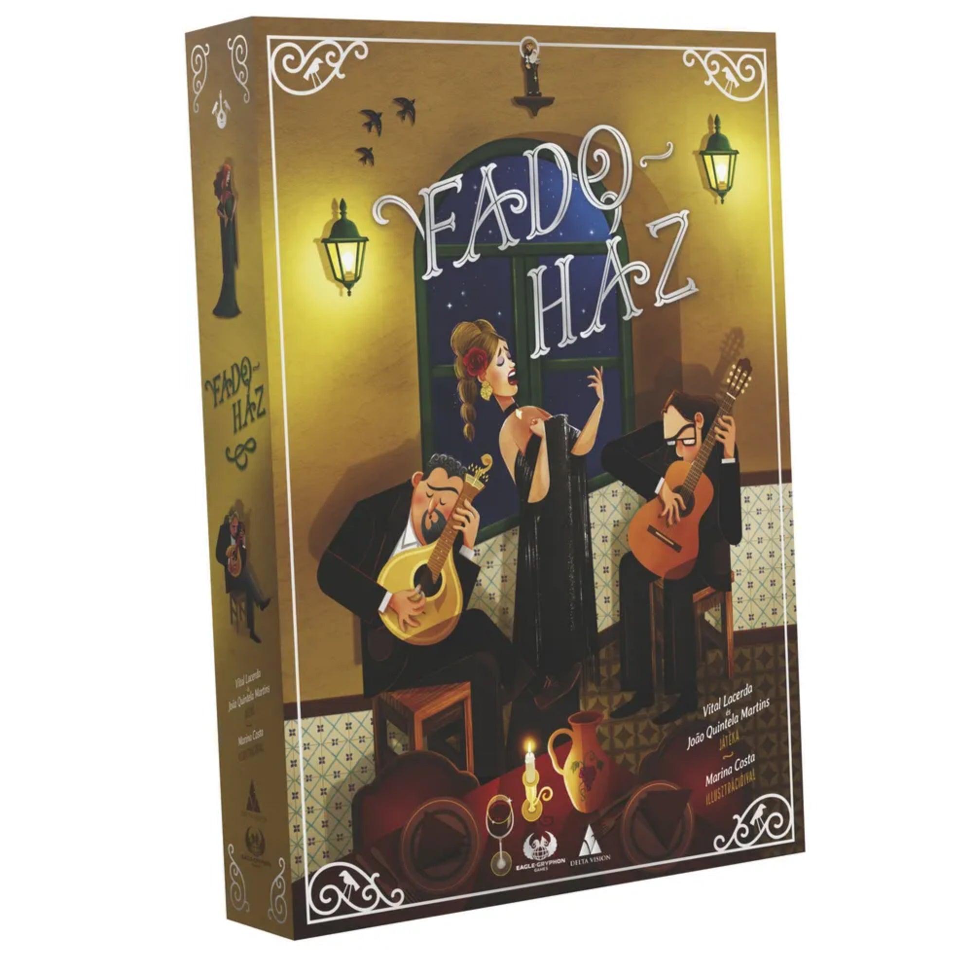 Fado Ház társasjáték doboza hangulatos, lisszaboni utcai jelenettel és zenészeket ábrázoló illusztrációval.