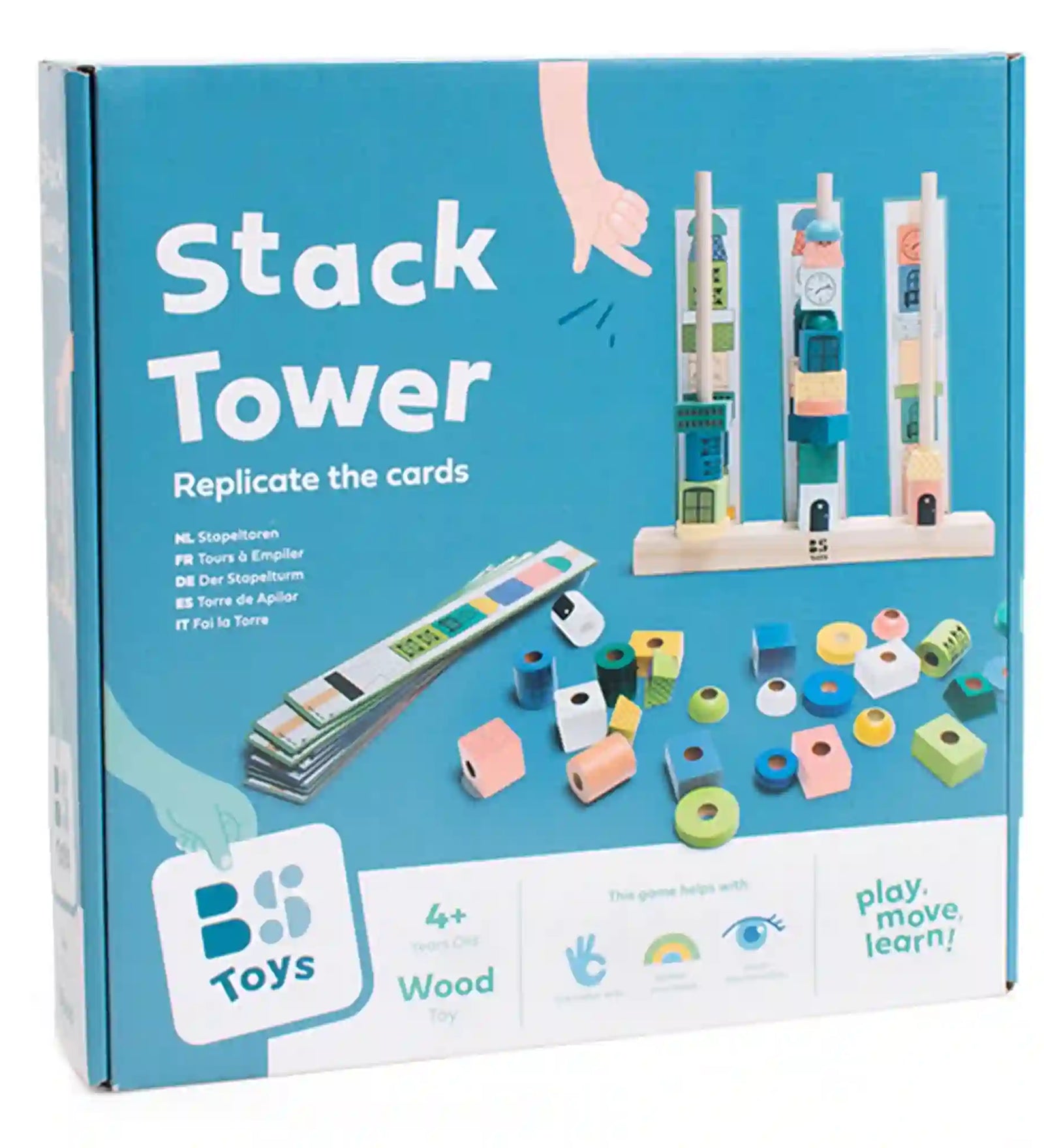 A BS Toys Stack Tower toronyépítő ügyességi játék doboza. A csomagoláson a játék során használt fa állványok, a színes építőelemek és a feladatkártyák láthatók, amelyek segítségével a gyerekek különböző tornyokat építhetnek. A játék 4 éves kortól ajánlott, és játékos formában fejleszti a logikus gondolkodást, a kézügyességet és a megfigyelőképességet.
