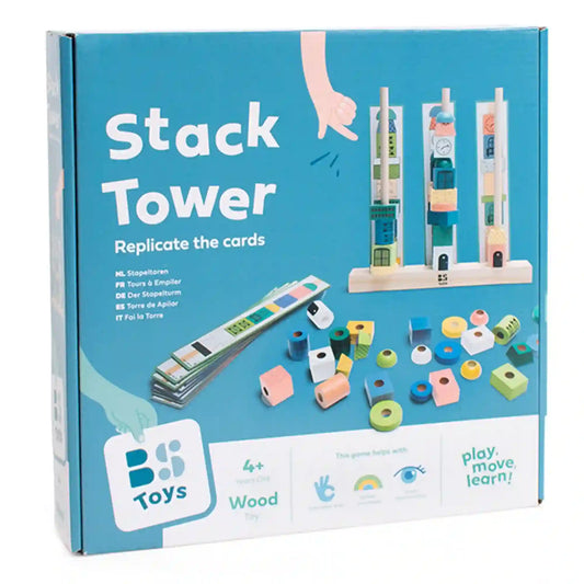 A BS Toys Stack Tower toronyépítő ügyességi játék doboza. A csomagoláson a játék során használt fa állványok, a színes építőelemek és a feladatkártyák láthatók, amelyek segítségével a gyerekek különböző tornyokat építhetnek. A játék 4 éves kortól ajánlott, és játékos formában fejleszti a logikus gondolkodást, a kézügyességet és a megfigyelőképességet.