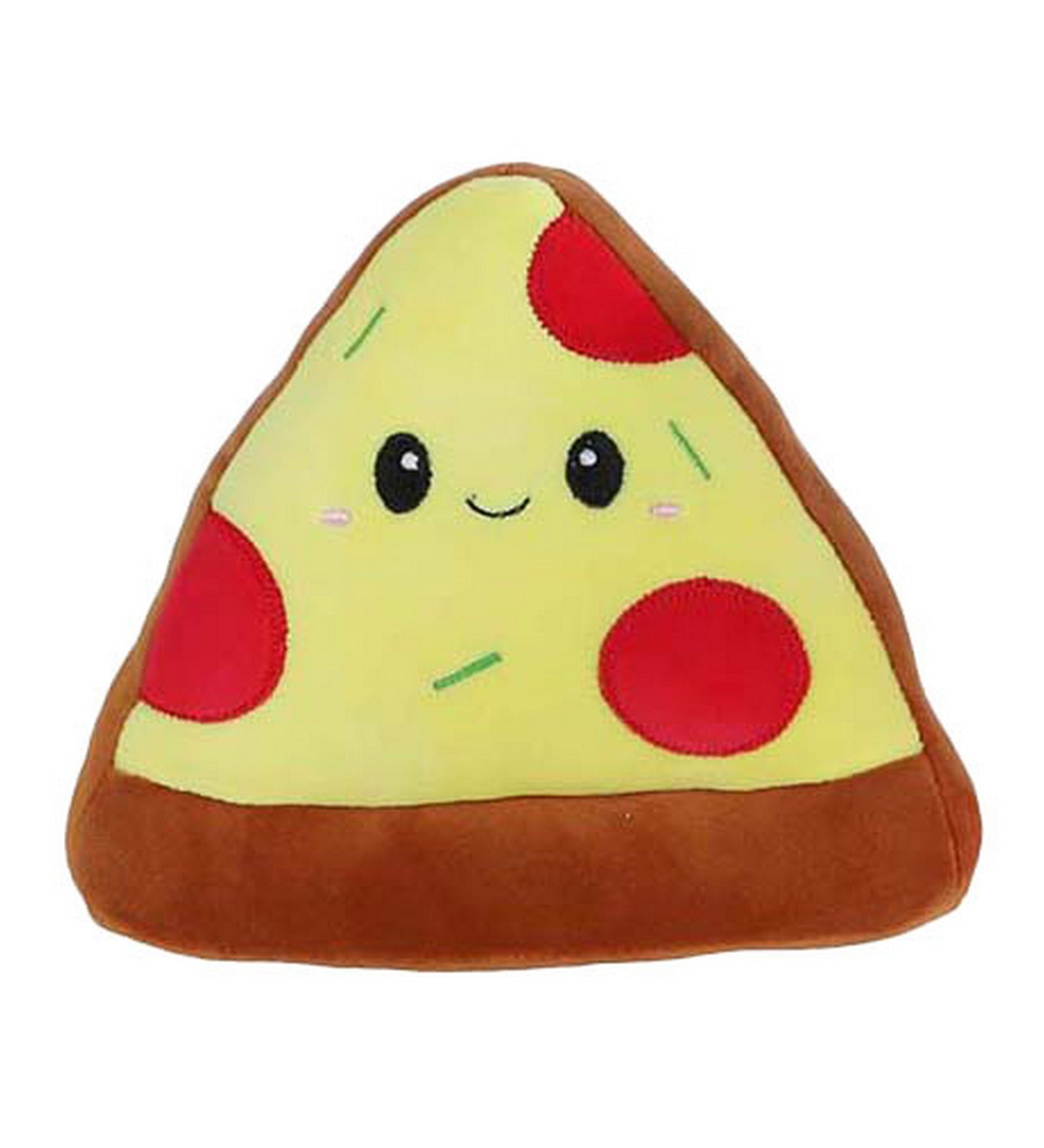Mosolygós pizzaszelet plüssfigura sajttal és pepperonival, puha játék dekoráció fehér háttér előtt