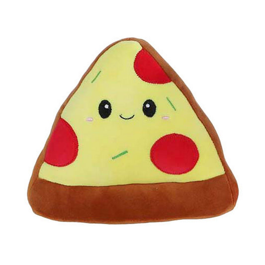 Mosolygós pizzaszelet plüssfigura sajttal és pepperonival, puha játék dekoráció fehér háttér előtt