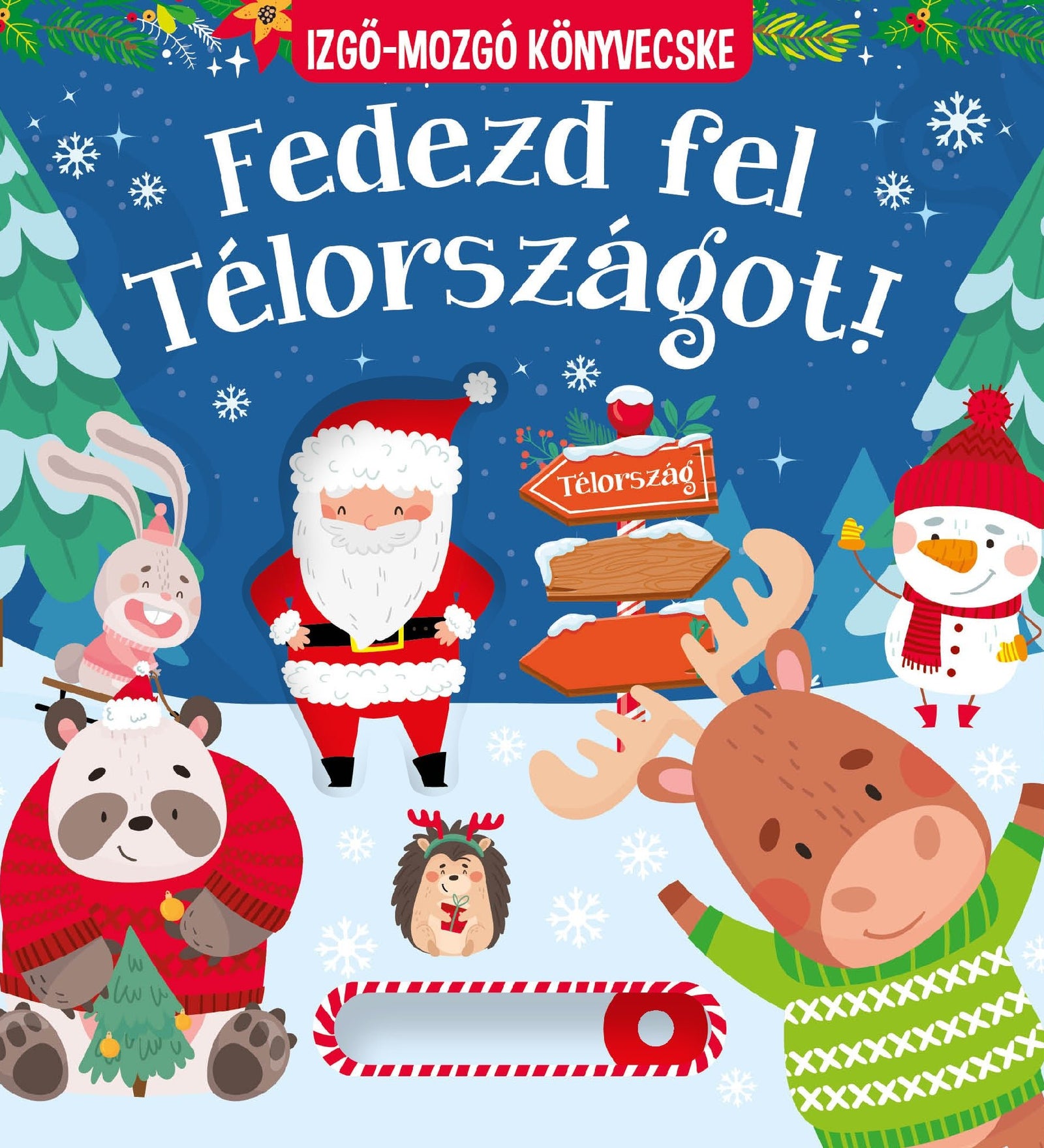 Vidám, téli hangulatú gyerekkönyvborító Mikulással, hóemberrel, állatfigurákkal és havas tájjal, a „Fedezd fel Télországot!” felirattal.