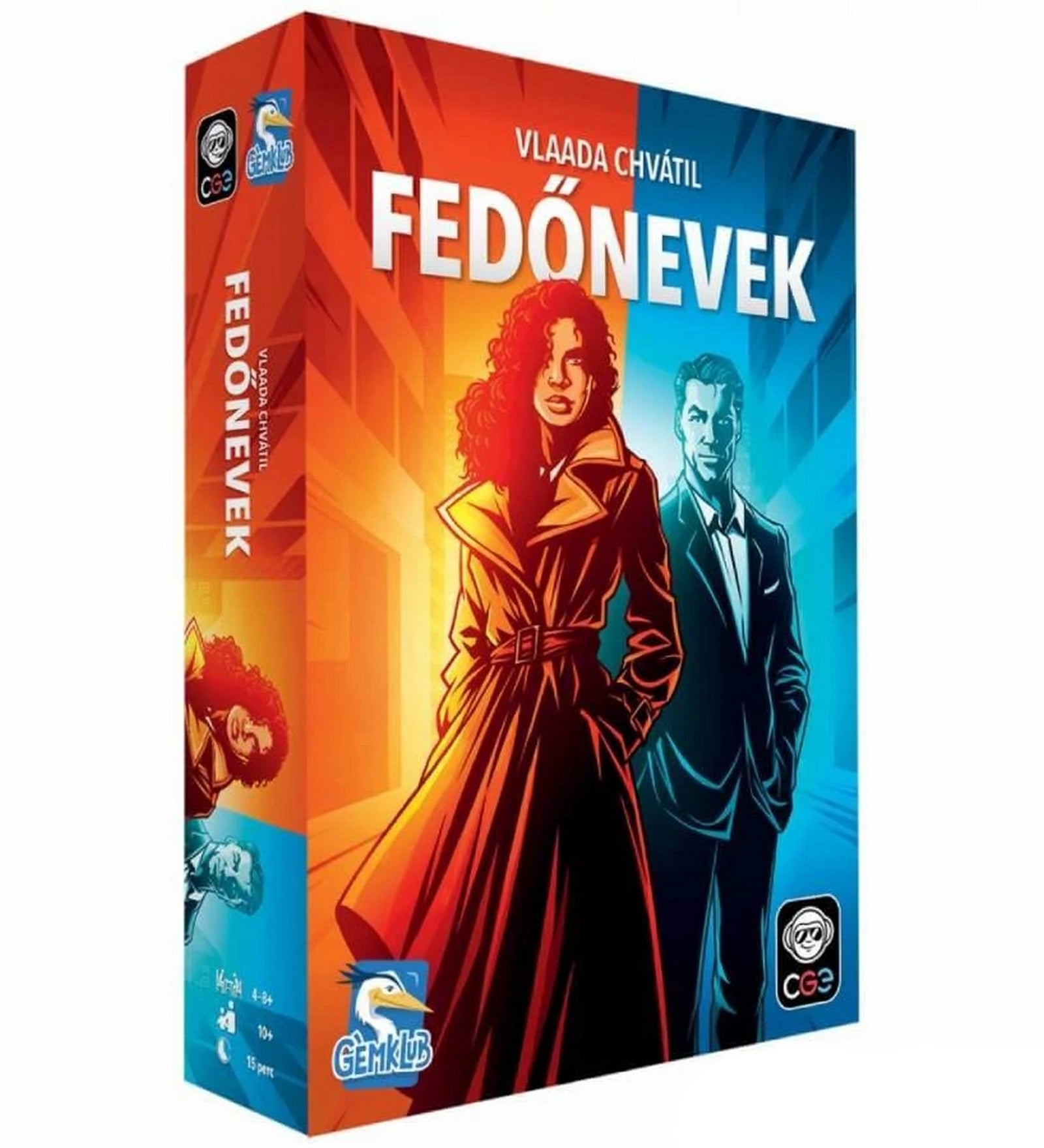 Fedőnevek társasjáték doboza – új kiadás, színes grafika két titkos ügynökkel