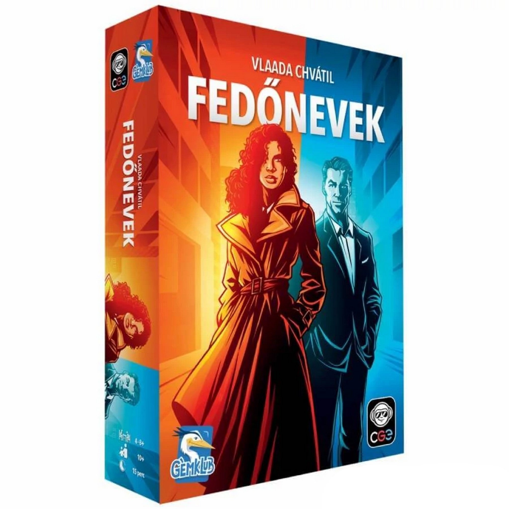 Fedőnevek társasjáték doboza – új kiadás, színes grafika két titkos ügynökkel