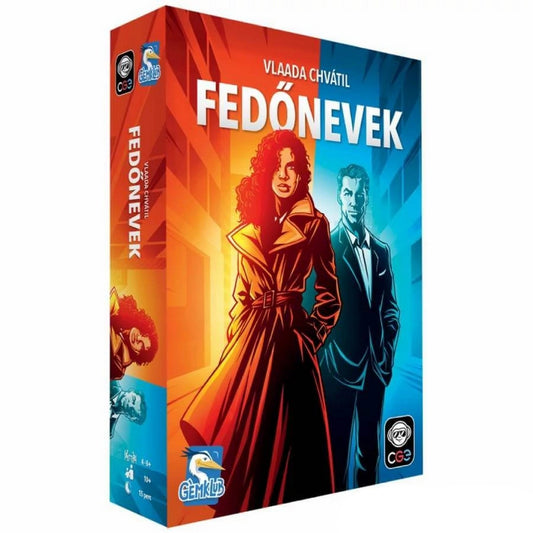 Fedőnevek társasjáték doboza – új kiadás, színes grafika két titkos ügynökkel