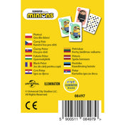 A Minions Fekete Péter kártyajáték hátoldala, több nyelvű megnevezéssel és néhány karakteres kártyalappal.