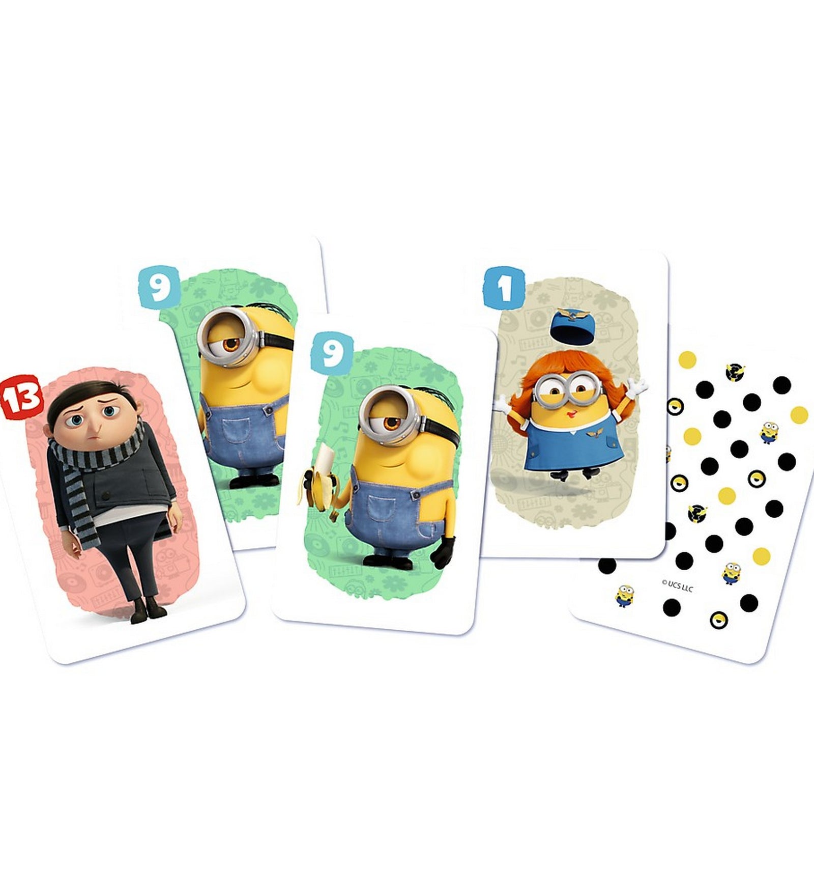 A Minions Fekete Péter kártyajáték néhány lapja közelről, Minyonokkal és Gru figuráival.