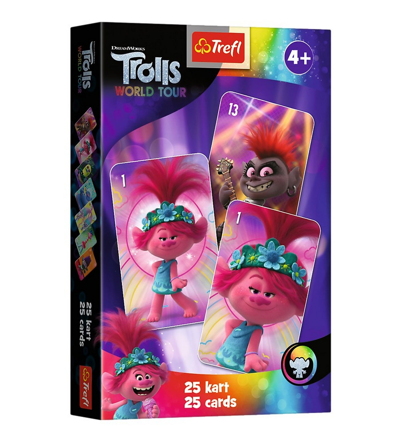 A Trolls World Tour Fekete Péter kártyajáték doboza Poppy és Barb karakterkártyáival, színes, csillogó háttérrel.