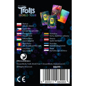 A Trolls World Tour Fekete Péter kártyajáték hátoldala, többnyelvű megnevezésekkel és néhány bemutatott kártyalappal.