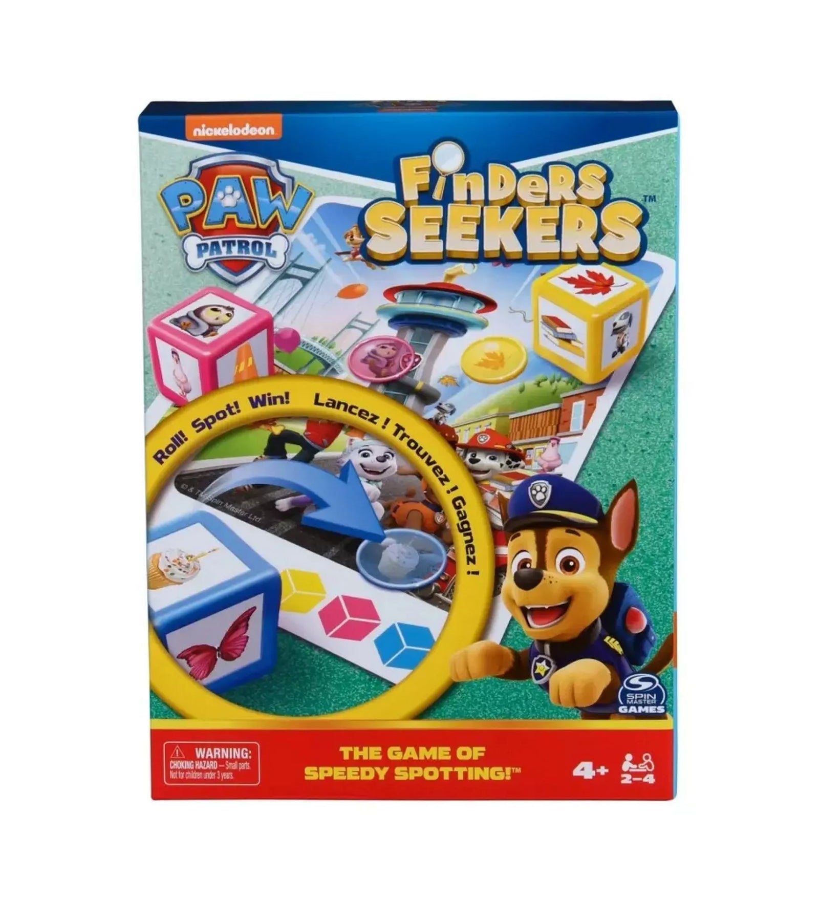 A Mancs Őrjárat Finders Keepers társasjáték doboza Chase karakterrel, színes illusztrációkkal és a játék elemeivel, kiemelve a „Roll! Spot! Win!” feliratot.
