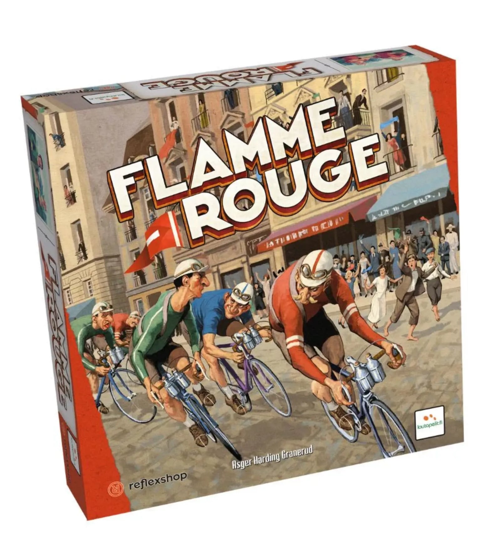 Flamme Rouge magyar nyelvű társasjáték doboza elölnézetből, klasszikus kerékpárversenyt ábrázoló illusztrációval, versenyzőkkel macskaköves utcán, retró sportgrafikai stílusban.