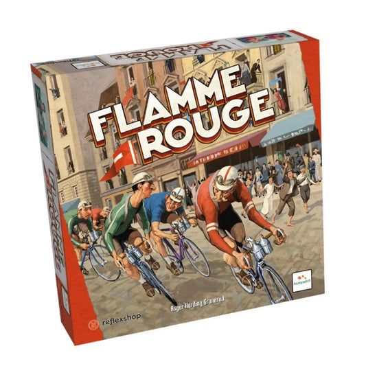 Flamme Rouge magyar nyelvű társasjáték doboza elölnézetből, klasszikus kerékpárversenyt ábrázoló illusztrációval, versenyzőkkel macskaköves utcán, retró sportgrafikai stílusban.