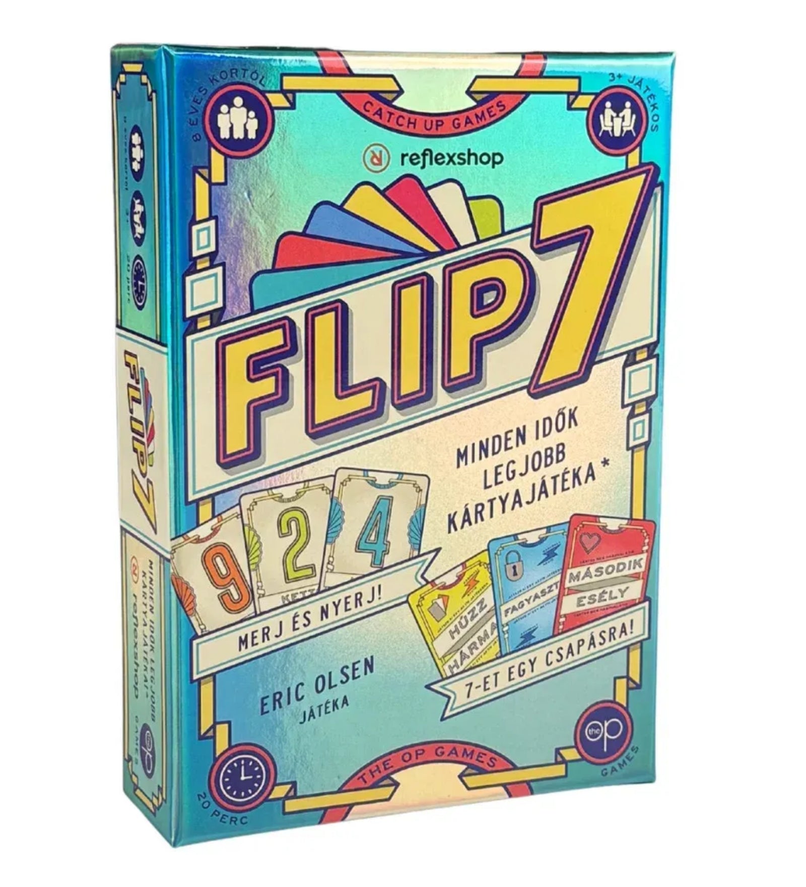Flip 7 magyar nyelvű társasjáték doboza elölnézetből, világoskék dizájnnal, színes számlapkás grafikával, 9-2-4 kártyaképpel és „Minden idők legjobb kártyajátéka” felirattal.
