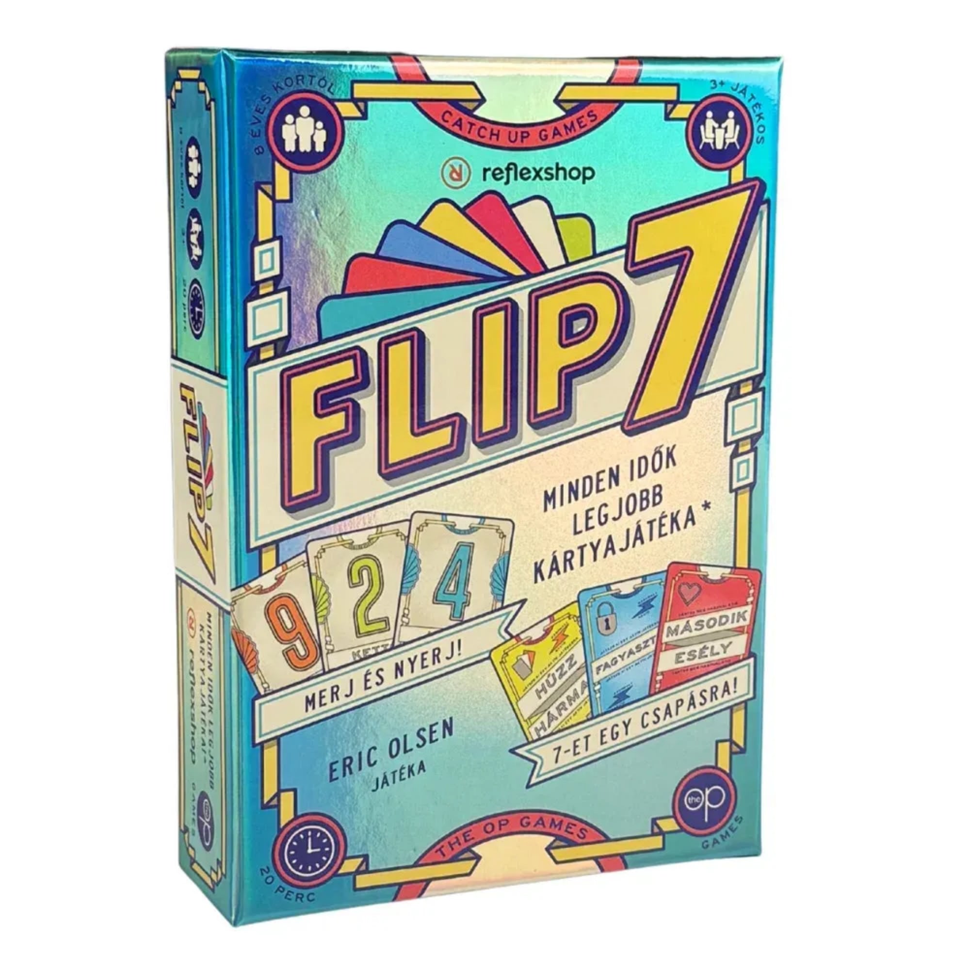 Flip 7 magyar nyelvű társasjáték doboza elölnézetből, világoskék dizájnnal, színes számlapkás grafikával, 9-2-4 kártyaképpel és „Minden idők legjobb kártyajátéka” felirattal.
