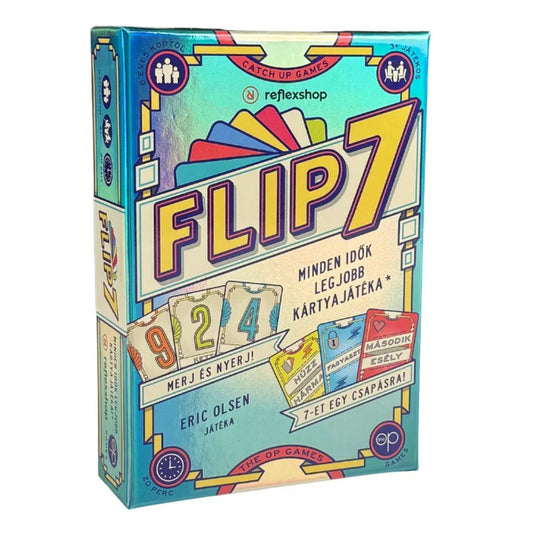 Flip 7 magyar nyelvű társasjáték doboza elölnézetből, világoskék dizájnnal, színes számlapkás grafikával, 9-2-4 kártyaképpel és „Minden idők legjobb kártyajátéka” felirattal.