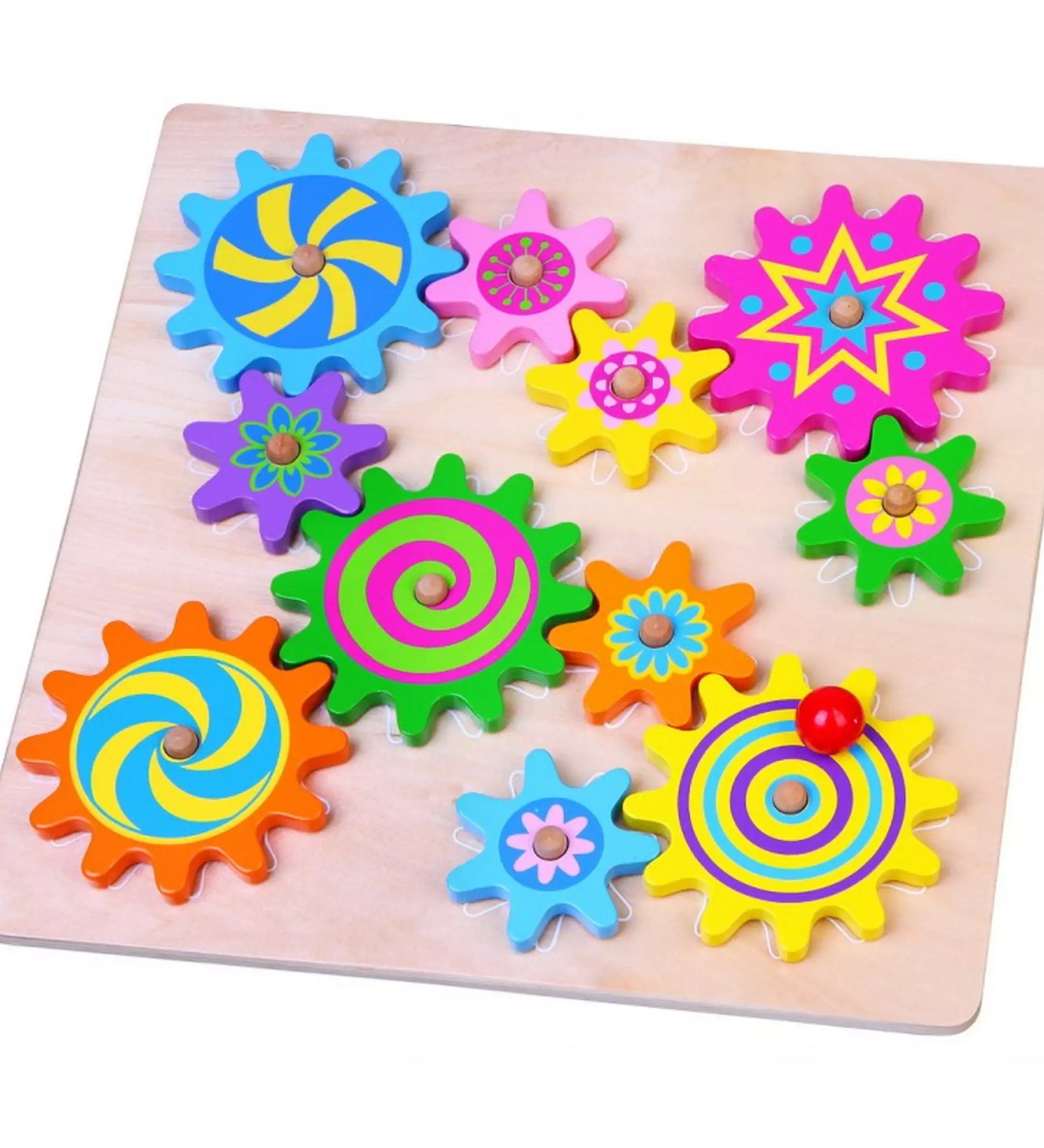 Színes fogaskerekes puzzle, amely fából készült és élénk mintázatú forgó elemeket tartalmaz. A játék lapon elhelyezett különböző méretű és színű fogaskerekek spirálokkal, csillagokkal és virágmintákkal díszítettek, amelyeket a gyermekek forgathatnak és összekapcsolhatnak. Ideális a finommotorikus készségek és a logikai gondolkodás fejlesztésére.