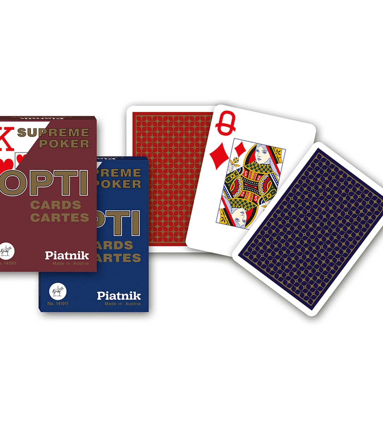 Piatnik Opti Supreme Poker francia kártya készlet piros és kék dobozban, királynő kártyalappal és mintás hátlapokkal.