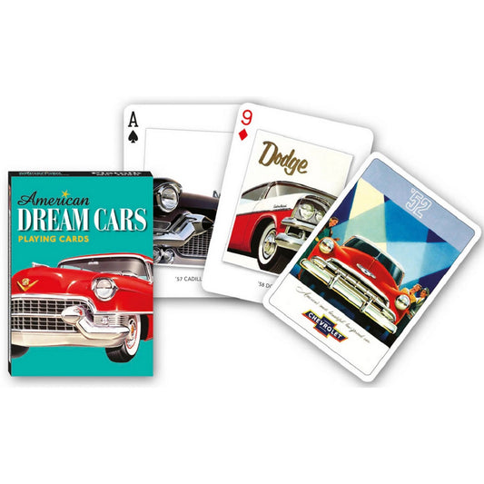 American Dream Cars tematikájú francia kártya készlet klasszikus amerikai autókkal és retro járműgrafikákkal díszített lapokkal.