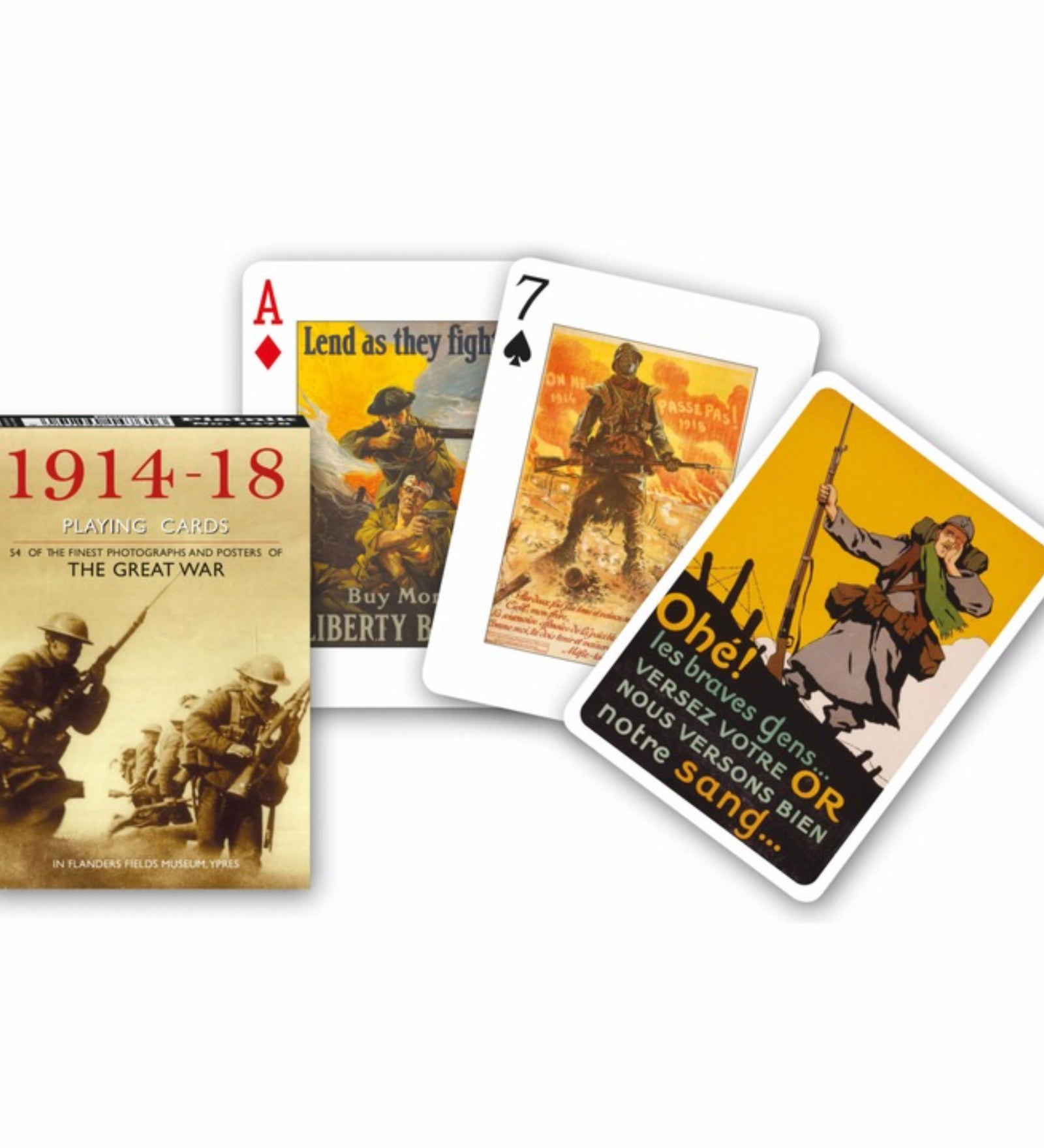 Az I. világháború 1914–1918 tematikájú francia kártya készlet korabeli fotókkal és propaganda plakátokkal, történelmi hangulatú illusztrációkkal díszített lapokkal.