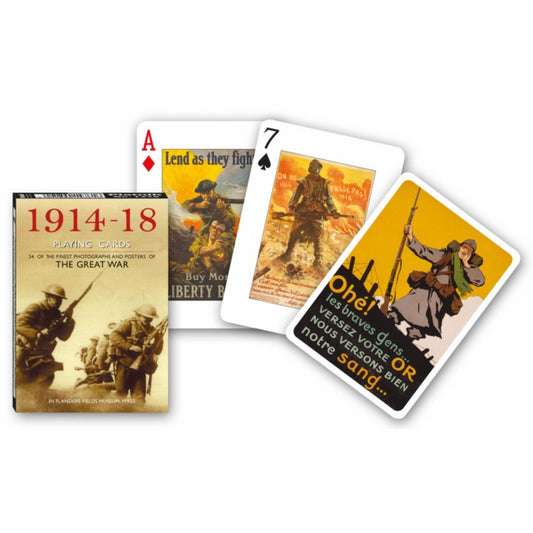 Az I. világháború 1914–1918 tematikájú francia kártya készlet korabeli fotókkal és propaganda plakátokkal, történelmi hangulatú illusztrációkkal díszített lapokkal.