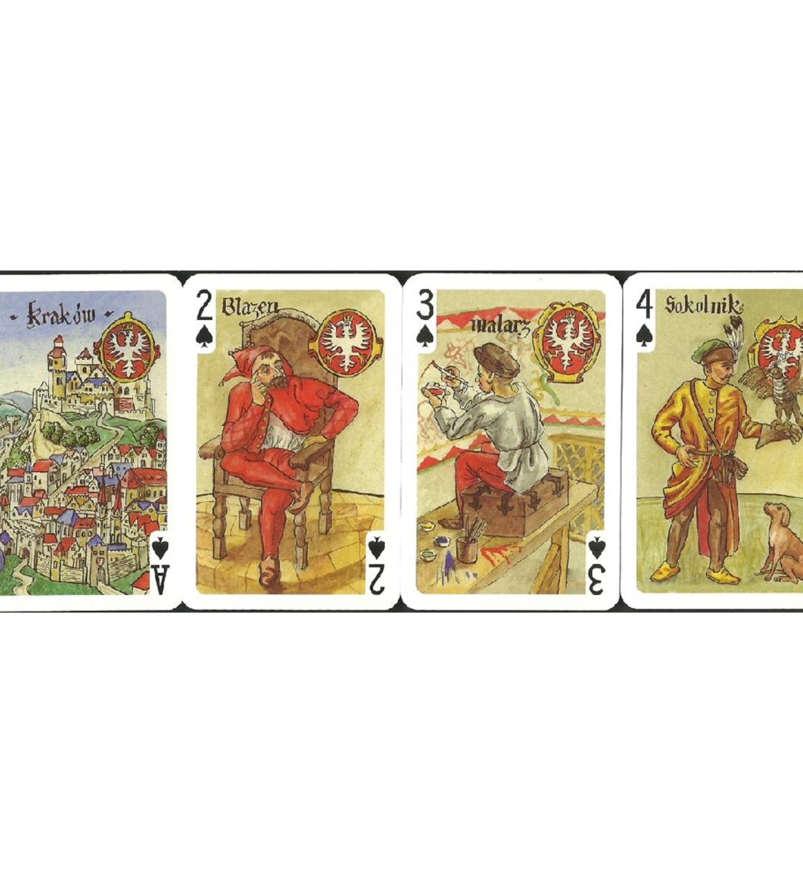 Charta Bellica francia kártyalapok részlete, kézzel rajzolt, középkori hangulatú figurákkal és városábrázolásokkal díszítve.
