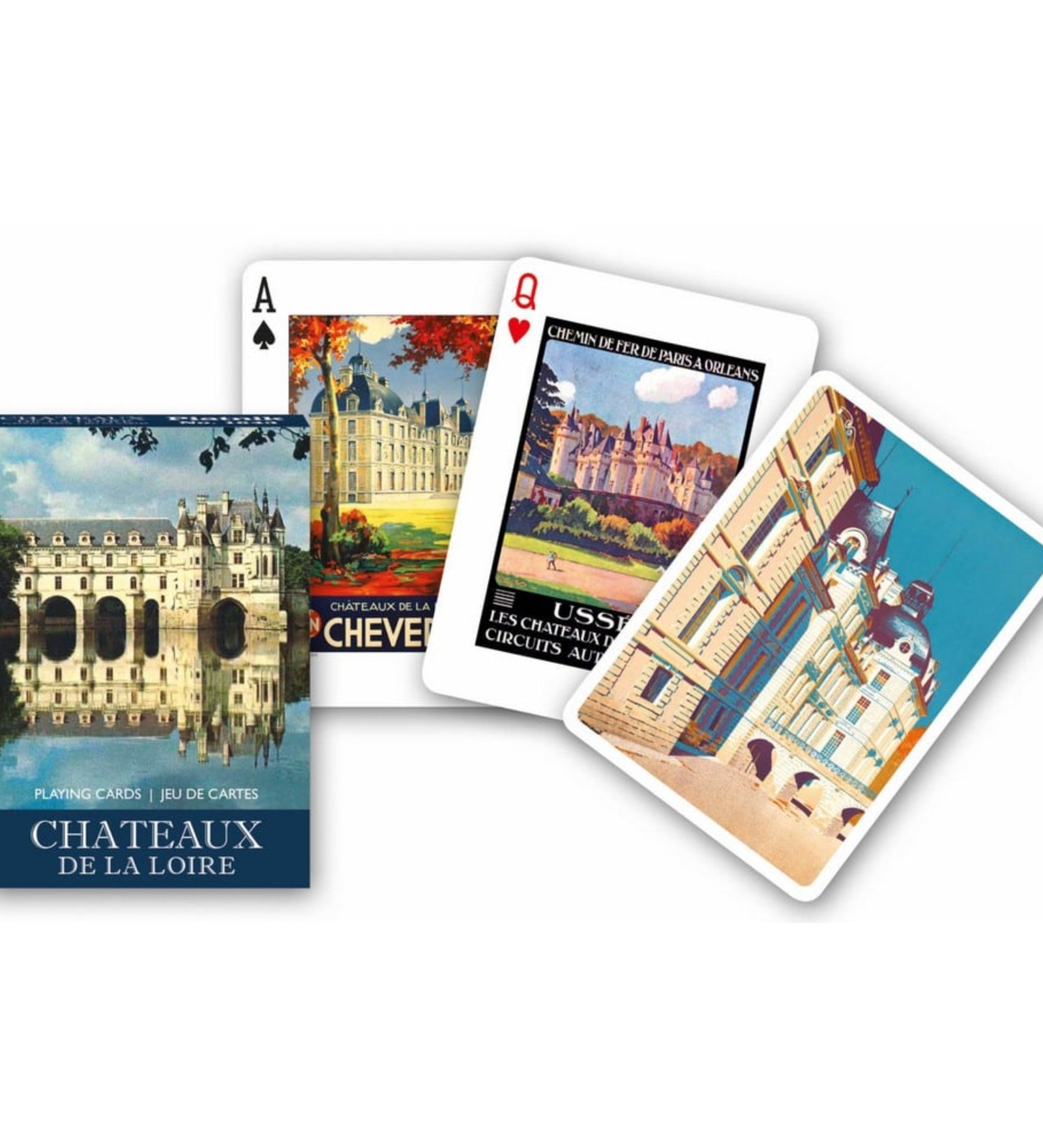 Francia kártya 1x55-ös „Chateaux de la Loire” készlet dobozzal, francia kastélyokat és festői építészeti motívumokat ábrázoló grafikákkal.