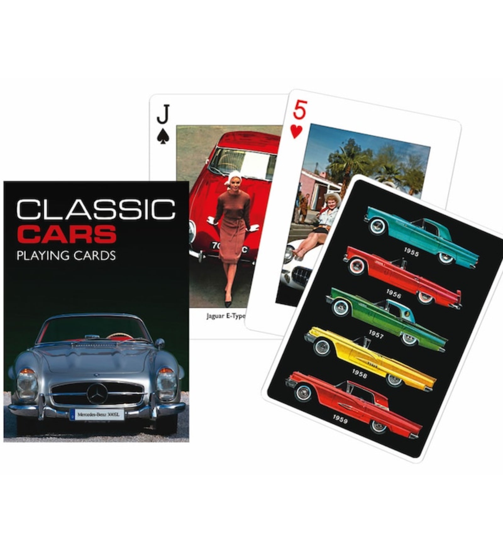 Classic Cars tematikájú francia kártya készlet ikonikus veterán autókkal, részletgazdag járműfotókkal és retro stílusú grafikákkal díszített lapokkal.