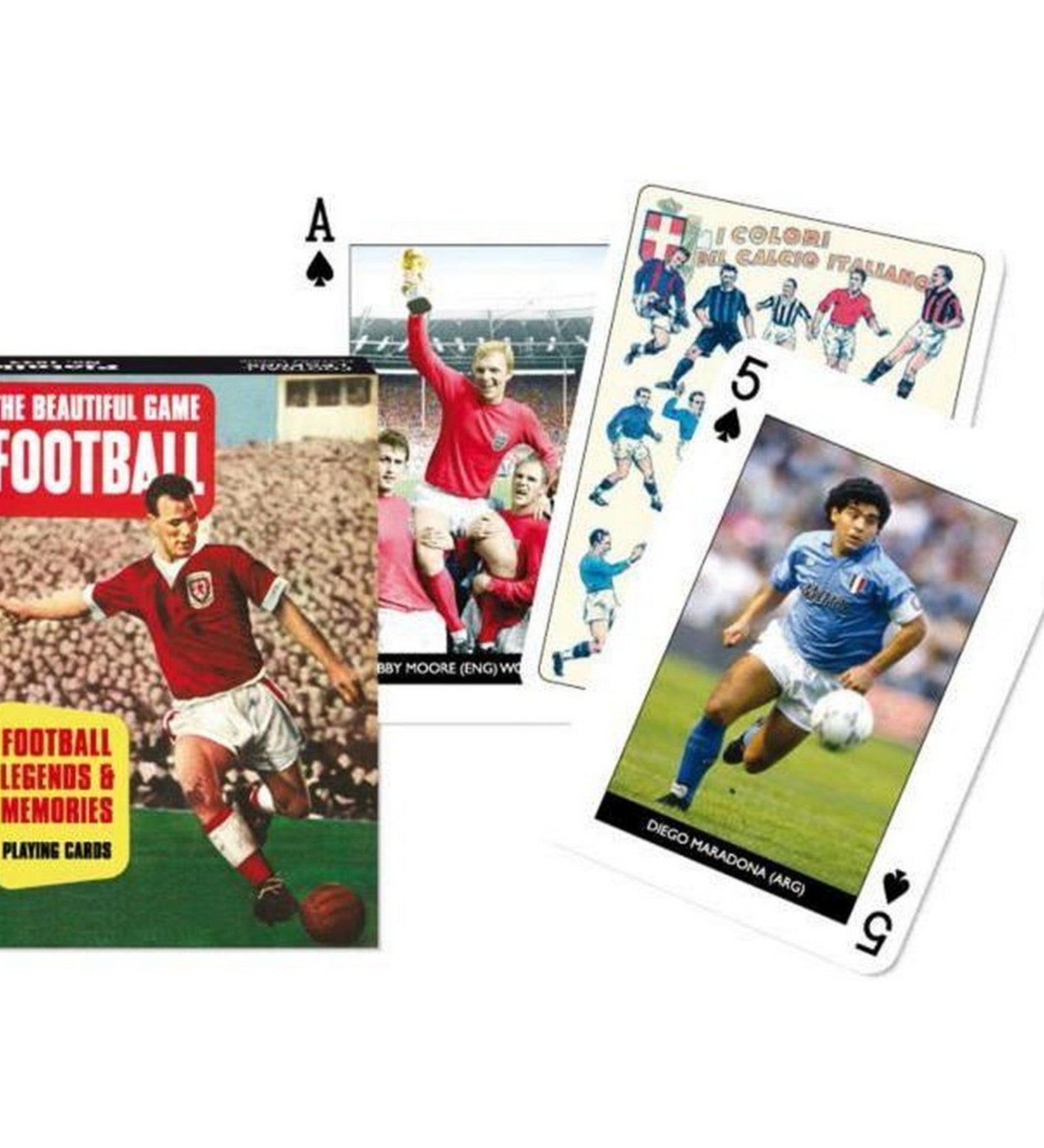 Francia kártya 1x55-ös „Futball legendák” készlet dobozzal, ikonikus labdarúgókat és sportfotókat ábrázoló grafikákkal.