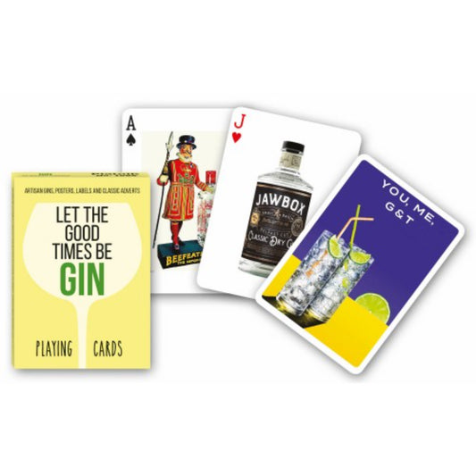 Francia kártya 1x55-ös „Gin” készlet dobozzal, vintage italreklámokat és gin témájú grafikákat ábrázoló lapokkal.