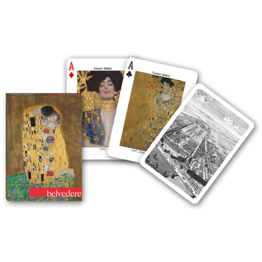 Francia kártya 1x55-ös „Klimt Belvedere” készlet dobozzal, Gustav Klimt arany tónusú festményeit és művészeti motívumait ábrázoló grafikákkal.
